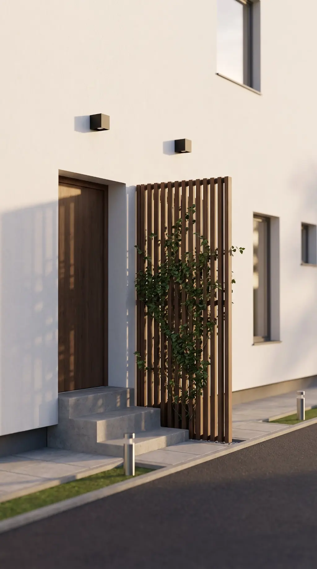 Vizualizácia — exteriér, detail vstupu a pergoly