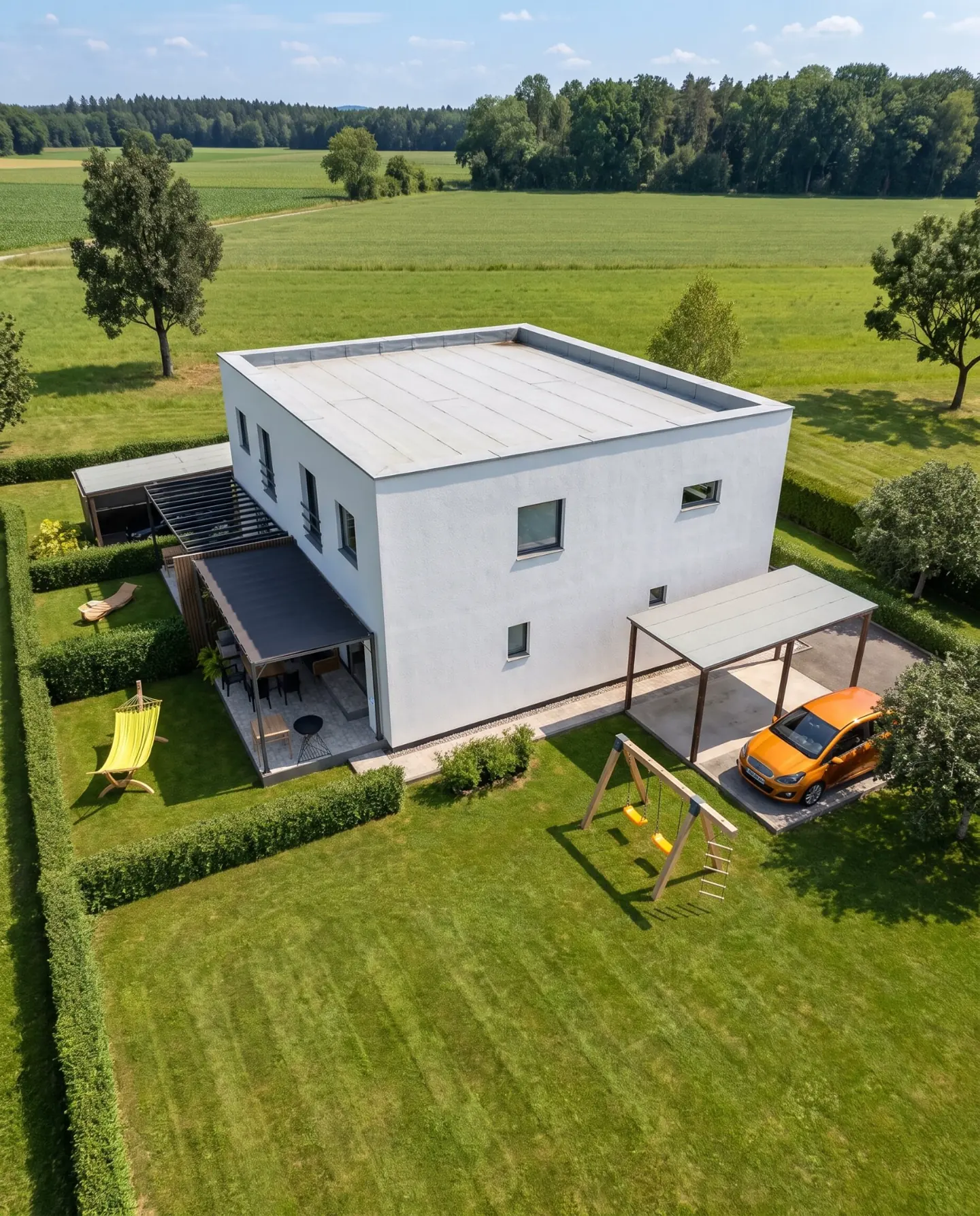 Vizualizácia — exteriér, letecký pohľad zo záhrady