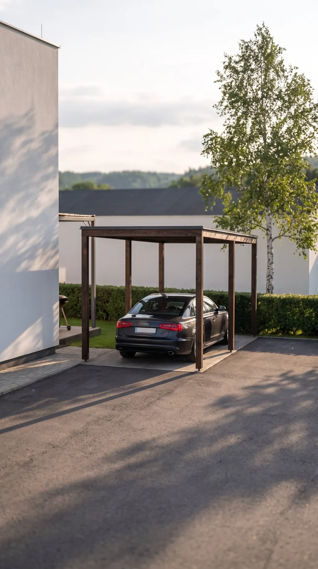 Vizualizácia — exteriér, pohľad na prístrešok pre auto